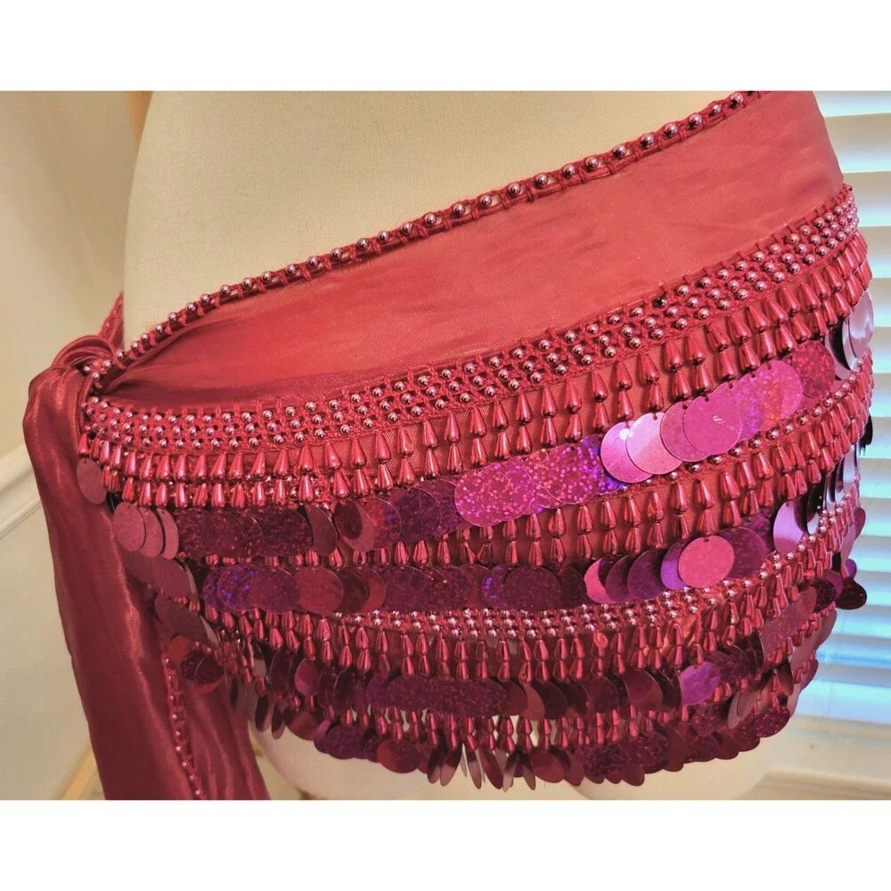 Belly Dance Paillette Hip Scarf Burgundy Magenta Beaded Fringe Preowned Costume